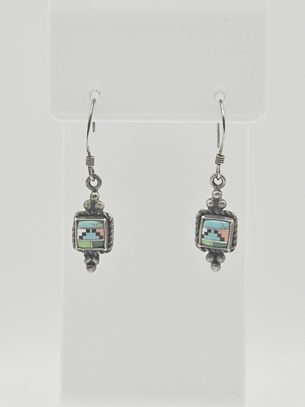 Sterling Silver Geometric Inlay Drop Earrings with Turquoise and Coral